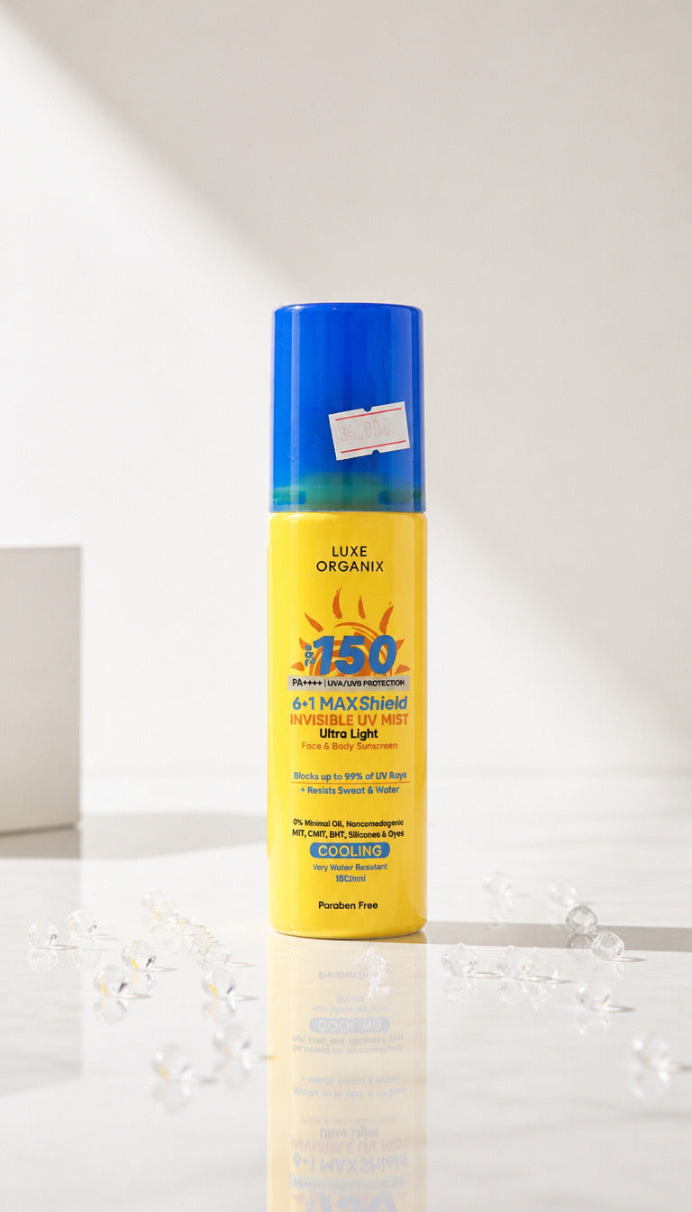LUXE ORGANIX: 6-in-1 MAXShield Invisible UV Mist Ultra-Light Face & Body Sunscreen Cooling SPF 150