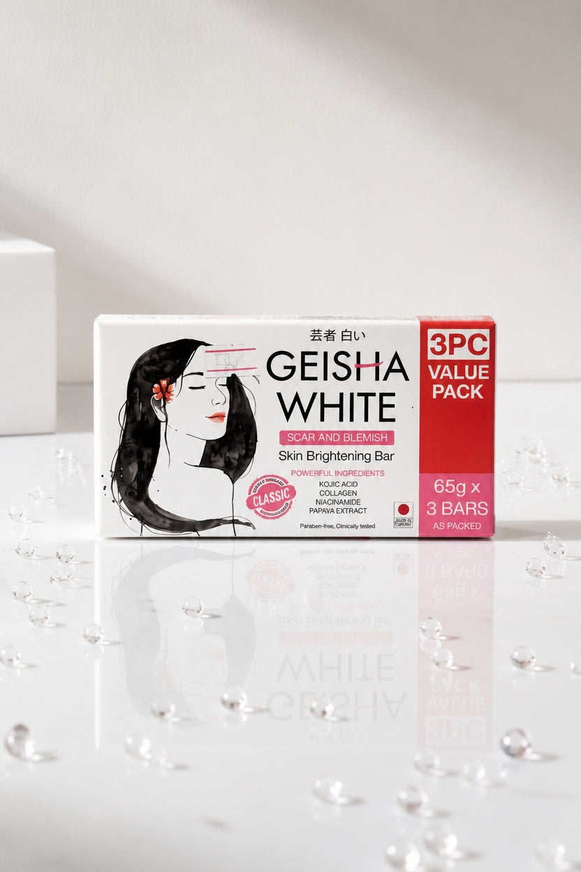 GEISHA WHITE: Classic Scar and Blemish Skin Brightening Bar. It is a 3-piece 65G